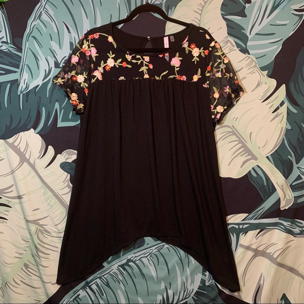 NY Collection Plus Size Black Boho Bohemian Floral Embroidered Blouse Top 1X